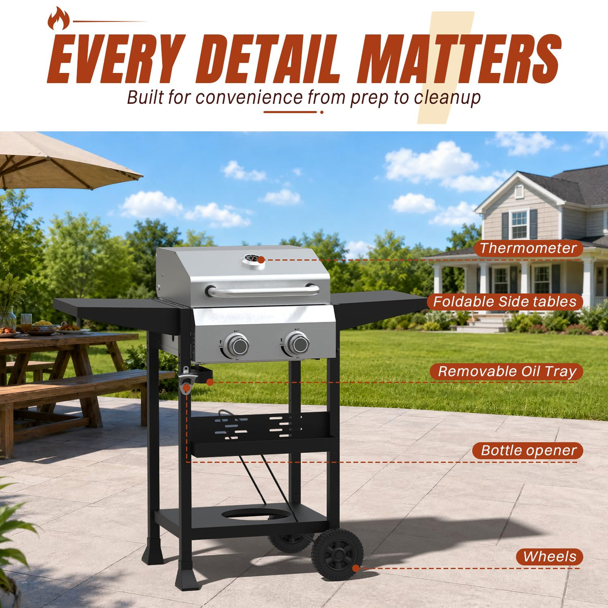 Propane Gas Grill 24000 BTU for BBQ,Portable with Wheels&Hood