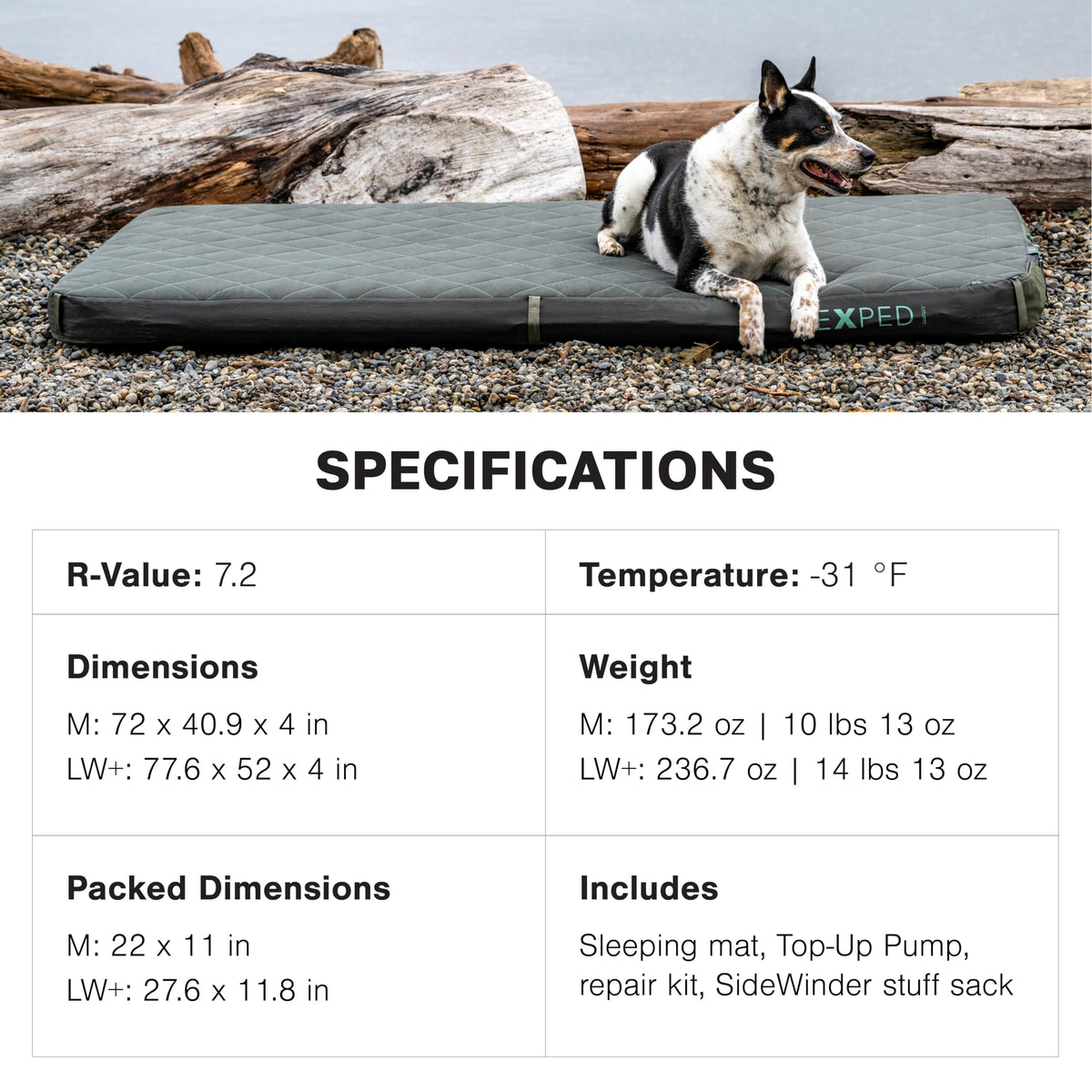 Exped LuxeMat Self Inflating Luxury Sleeping Mat, 4” Foam Pad with Pump